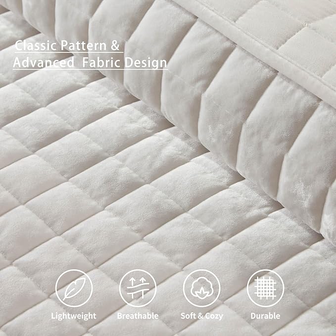 LEAONME Velvet Quilt California King-118''x106'', Lightweight White Velvet Comforter Set with 2 Pillow Shams, Soft Oversized Bedspread Coverlet Quilted Bedding Set for All Season