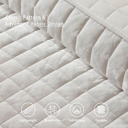 LEAONME Velvet Quilt Full/Queen Size-90''x98'', Lightweight White Velvet Comforter Set with 2 Pillow Shams, Soft Bedspread Coverlet Quilted Bedding Set for All Season