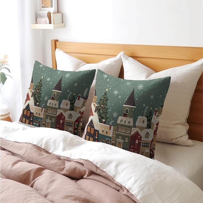 Christmas Snoflake Pillow Covers 22x22 Set of 2 Green House Throw Pillow Covers Winter Pillowcase Linen Decoration Farmhouse Cozy Soft Cushion Case Couch for Indoor Outdoor Home Decor