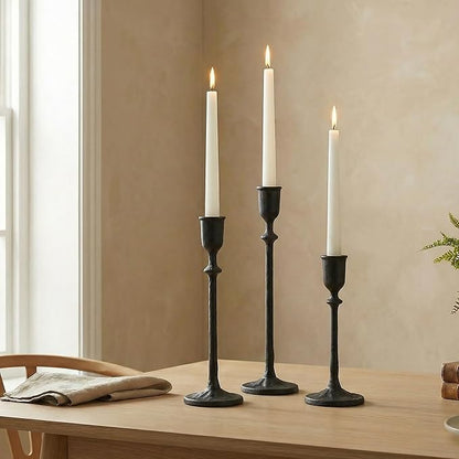 Antique Candlestick Holders Set of 3, Cast Iron Taper Candle Holder for Dining Table Centerpiece, Wedding, Fireplace Mantel Decor, Vintage Tall Candle Stands, Christmas Decorations, Matte Black