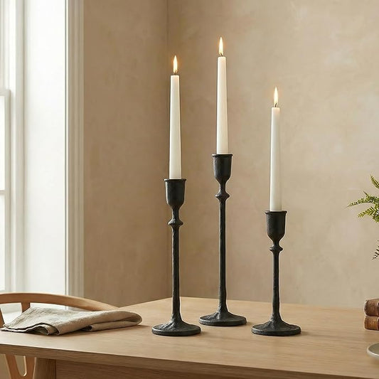 Antique Candlestick Holders Set of 3, Cast Iron Taper Candle Holder for Dining Table Centerpiece, Wedding, Fireplace Mantel Decor, Vintage Tall Candle Stands, Christmas Decorations, Matte Black