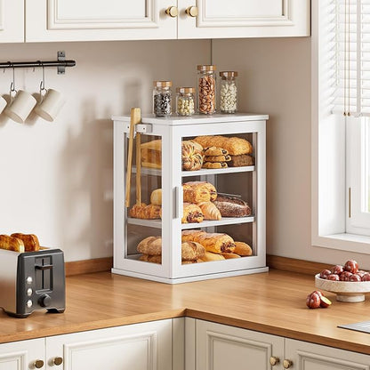 WOWLIVE Bread Box for Kitchen Countertop, Large 3 Layers Bread Storage Container for Homemade Bread with Window, Farmhouse Breadbox Organizer for Kitchen, Cabinet, Pantry (White, Meduim)