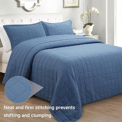 Quilt Super King Size Bedding Sets, 100% Cotton Lightweight Luxury Comforter Set, Oversized Extra Wide Stitching Bedspread Coverlet with 2 Pillowcase Suitable for All Season, Blue