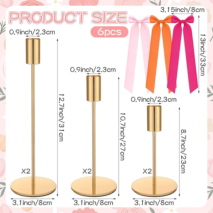 6 Set Pink and Orange Sunset Party Decorations, 6 Candle Holders and 6 Ribbon Bow, Metal Brass Gold Candlestick Holders for Table Wedding Bachelorette Birthday Tequila Sunrise Party Supplies
