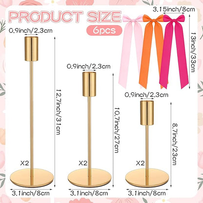6 Set Pink and Orange Sunset Party Decorations, 6 Candle Holders and 6 Ribbon Bow, Metal Brass Gold Candlestick Holders for Table Wedding Bachelorette Birthday Tequila Sunrise Party Supplies