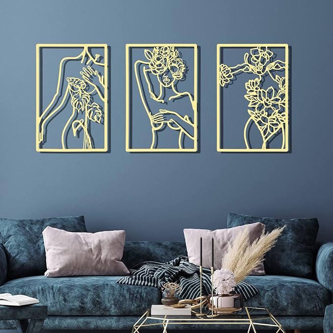 CHENGU 3 Pieces Gold Wall Decor Minimalist Wall Art Metal Line Wall Art Wall Decor for Bedroom Single Line Female for Kitchen Bathroom Living Room(Simple Style)
