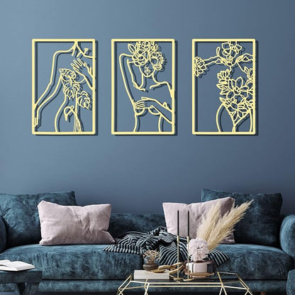 CHENGU 3 Pieces Gold Wall Decor Minimalist Wall Art Metal Line Wall Art Wall Decor for Bedroom Single Line Female for Kitchen Bathroom Living Room(Simple Style)