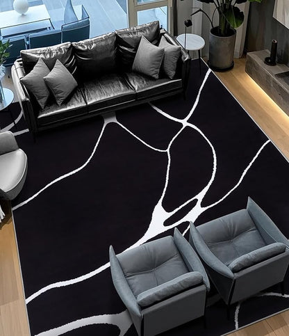 YIHOUSE Modern Washable Area Rug for Living Room Bedroom - Large Abstract Black and White Rug Non-Slip Ultra-Thin Home Decor (Dark Warping, 5'x7'ft)