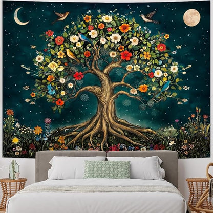 Amtoodopin Tree of Life Tapestry Mystic Boho Flowers Tapestry Vintage Aesthetic Tree Wall Tapestries Retro Nature Floral Plants Tapestries Wall Hanging for Bedroom