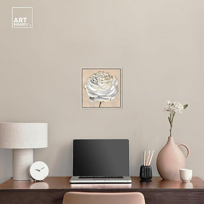 Art Remedy Beige Ranunculus Canvas Elegant White Gold Wall Art, Silver Frame, 12" x 12"