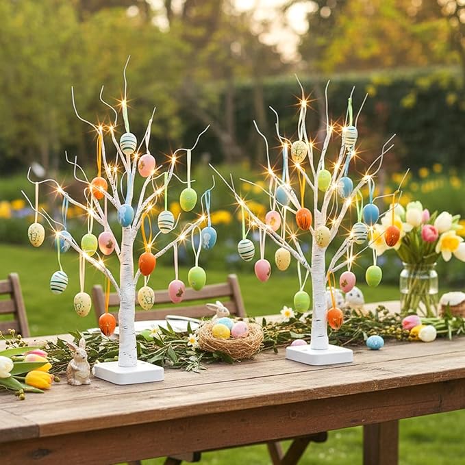 PEIDUO Easter Decorations, 24LT Easter Egg Tree for Home Decor, Lighted Tabletop Tree with 36 Multicolor Painted Eggs, Artificial Tree Decor for Spring Party Bedroom Classrooms (2PK)