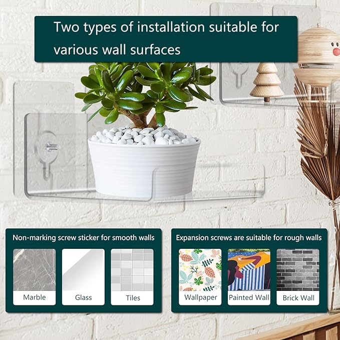 Floating Acrylic Shelves, 4x4 Inch Clear Wall Shelves, Small Plant Display Stand (No Drill Shelf, 4 Pack)