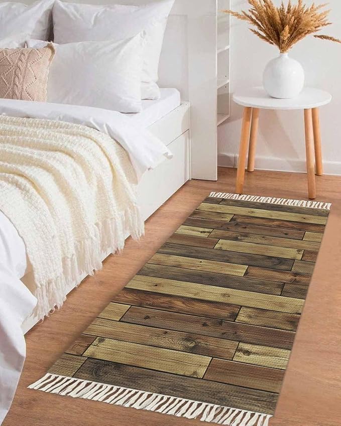 Brown Hallway Runner Rug 2X6 Ft Kitchen Carpet, Washable Woven Vintage Country Wooden Grain Throw Carpet with Tassel, Non-Shedding Farmhouse Cabin Retro Plank Stitching Art Bedroom Laundry Rugs