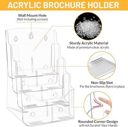 Acrylic Brochure Holder 8.5 x11”, 4 Tier Clear Literature Magazine Stand with Removable Divider for 4 x 9 Pamphlet Display Brochure with Business Card Holders- Wall Mount & Countertop