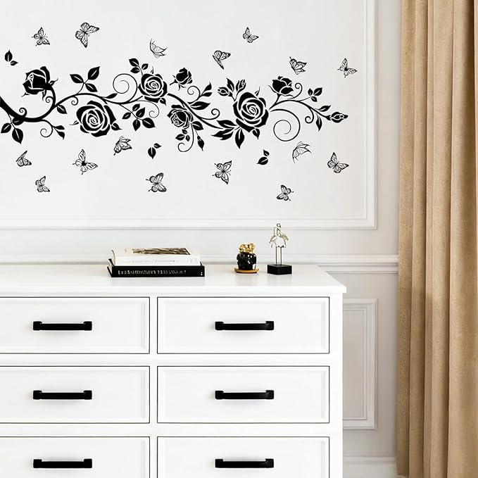 Flower Vine Decals Flying Butterfly Black Floral Wall Stickers Removable Wall Art Decor for Living Room Bedroom