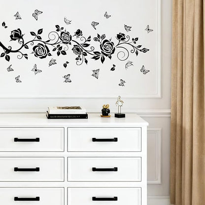Flower Vine Decals Flying Butterfly Black Floral Wall Stickers Removable Wall Art Decor for Living Room Bedroom