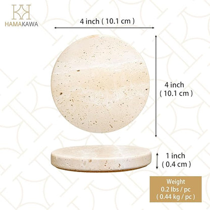 Real Natural Travertine Coasters Set of 4, Round Beige Marble Stone 4 inch, Modern Drink Coasters for Home Decor, Coffee Table, Office