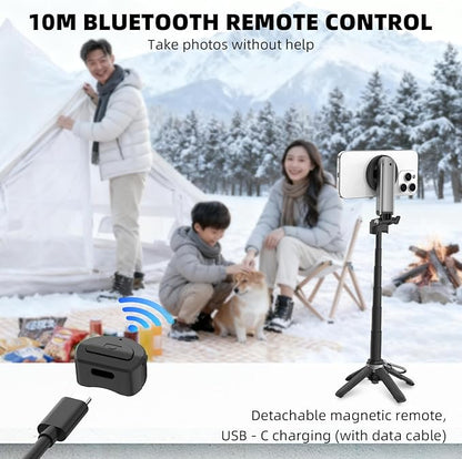 Magnetic Selfie Stick Mini Tripod for iPhone, Portable Pocket 4-in-1 Multifunctional 360° Rotation Phone Handle Grip Stand with Detachable Remote/Clip/Metal Ring for MagSafe/Android【4 Legs】