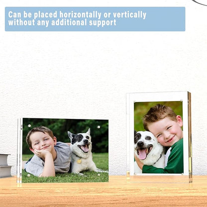 HELPLEX 3 Pack 3.5x5 Acrylic Picture Frames, 20mm Thicker Frameless Clear Frame Double Sided Magnetic Frame, Free Standing Desktop Display Stand Acrylic Frames
