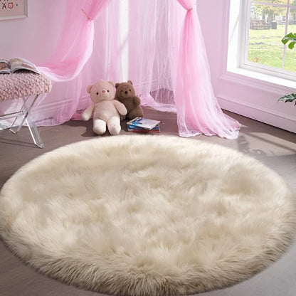 Fluffy Round Rug for Kids Room Beige Circle Faux Fur Area Rug for Bedroom, 4x4 Fuzzy Shag Rugs Furry Nursery Rug Teepee Mat, Circular Plush Floor Carpet