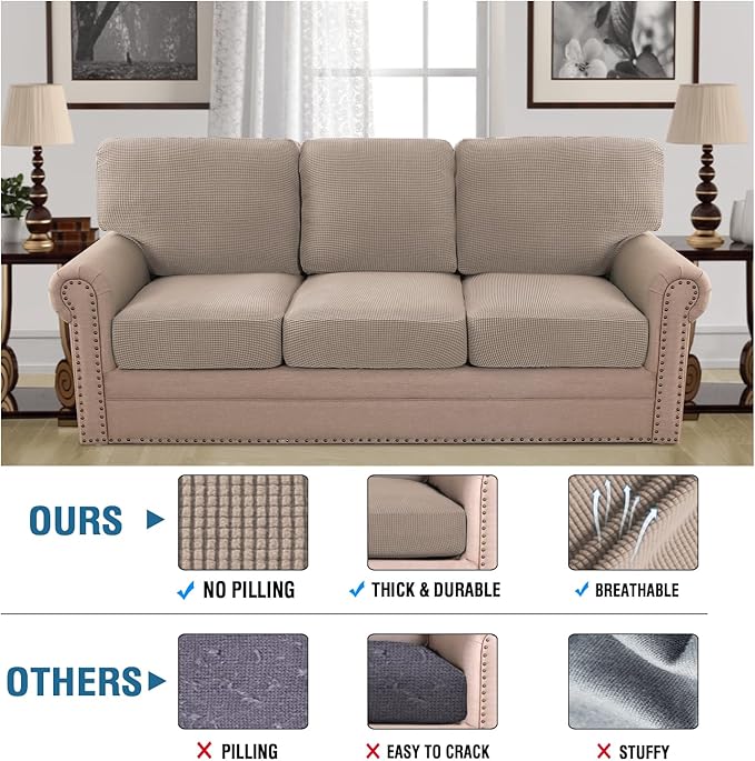 H.VERSAILTEX Multi-Pieces Couch Covers for 3 Cushion Sofa High Stretch Couch Cushion Covers Jacquard Textured Twill Fabric(3 Seat Covers Plus 3 Back Cushion Covers, Sand)