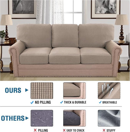 H.VERSAILTEX Multi-Pieces Couch Covers for 3 Cushion Sofa High Stretch Couch Cushion Covers Jacquard Textured Twill Fabric(3 Seat Covers Plus 3 Back Cushion Covers, Sand)