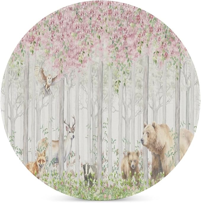 Round-4PCS Forest Ceramic Coasters, Round Absorbent Drink Coasters, Cartoon Nature Forest Flower Animal Bear, Deer, Fox, Rabbit Ceramic Table Coasters for Coffee, Beverage, Wine, Beer Coasters