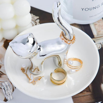 OSOPOLA Ceramic Silver Cat Jewelry Tray - Decorative Ring Holder Dish Key Tray Cute Jewelry Plate Trinket for Earrings,Necklaces,Women,Home Decor,Christmas Birthday Mother's Day Gifts HE02CT