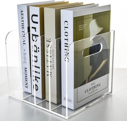 4 Vertical Compartments Clear Acrylic Magazine & File Holder – Multipurpose Desk Organizer for Office, Tablets, Magazines, Books – Documents/Home/Classroom Rack