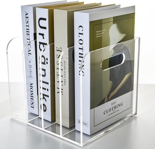 4 Vertical Compartments Clear Acrylic Magazine & File Holder – Multipurpose Desk Organizer for Office, Tablets, Magazines, Books – Documents/Home/Classroom Rack
