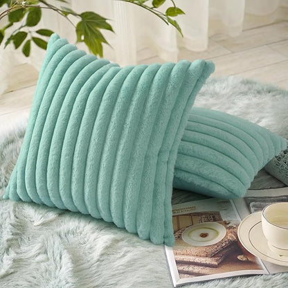 decorUhome Faux Fur Spring Throw Pillow Covers 22x22 Set of 2, Decorative Soft Plush Striped Neutral Couch Euro Sham Pillow Covers with Velvet Back for Sofa, Bed, Living Room Home, Aqua