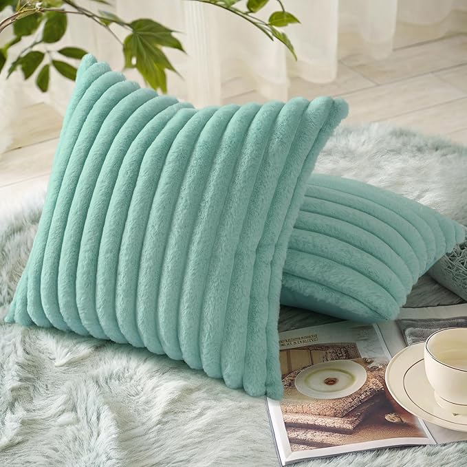decorUhome Faux Fur Spring Throw Pillow Covers 20x20 Set of 2, Decorative Soft Plush Striped Neutral Couch Pillow Covers with Velvet Back for Sofa, Bed, Living Room Home, Aqua