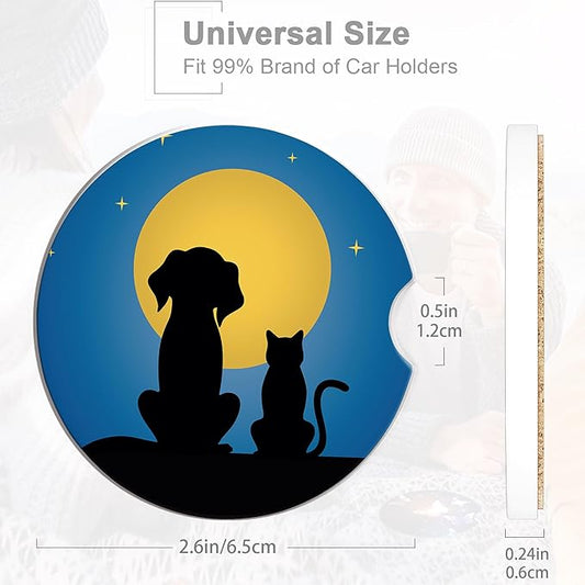 Dog Cat Car Cup Holder Coaster,Moon Night Starry Sky Car Coasters for Cup Holder,2 PCS Absorbent Insert Ceramic Car Assecories with Cork Back & Finger Notch for Women Men