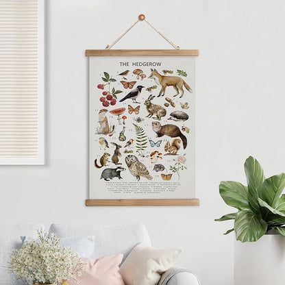 XIAOAIKA British Hedgerow Wildlife Educational Poster - Illustrated Nature Chart with Wooden Frame - Countryside Animals and Plants Wall Art for Home, School, or Nature Reserve Decor 20 x 30 Inches