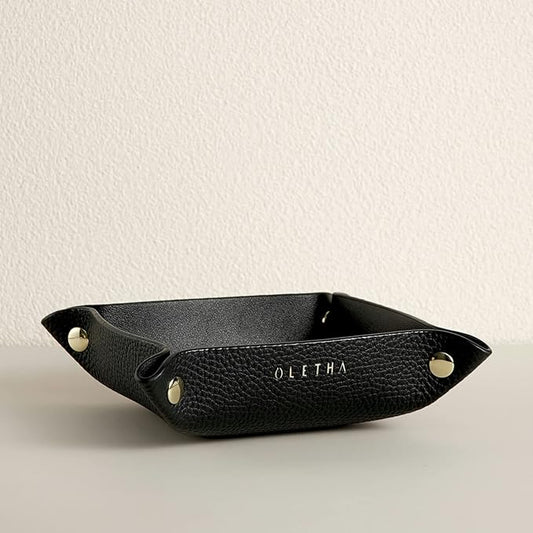 OLETHA Small Foldable Valet Tray - Aesthetic Desk Organizer for Home, Office & Travel - Portable Catch All Bowl for Keys, Jewelry & Essentials - Black