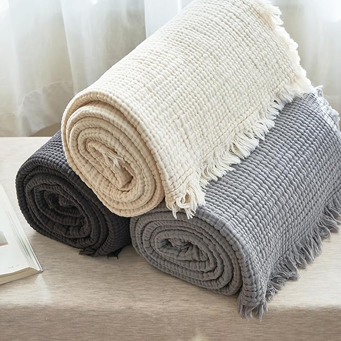 MorroMorn 100% Cotton Muslin Throw Blanket with Fringes 50"x60", 4-Layer Cotton Gauze Blankets for Adults, Boho Bedding Breathable Lightweight Ultra-Soft for Couch Bed Sofa All Seasons, Grey