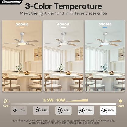 52 Inch Ceiling Fans with Lights and Remote for Bedroom Living Room Kitchen Office, Indoor/Outdoor Use, 5CCT Dimmable, 5 Blades, 6 Speed Reversible Quiet DC Motor, White/Wood Grain