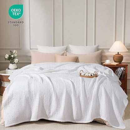 PHF 100% Cotton Waffle & Muslin Blanket Queen Size, Soft Breathable Luxury 400GSM Versatile Reversible Bedding for Bed, Great for Layering in Cold Weather, Home Decor Gift, 90" x 90", White