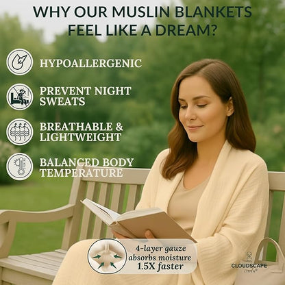 Luxury 100% Cotton Muslin Throw Blanket, 4 Layer Extra Large 50x70in, Perfect for Couch, Sofa, Home Decor, Soft Cotton Gauze Travel Blanket, Winter Cozy Throw, All Season Ivory