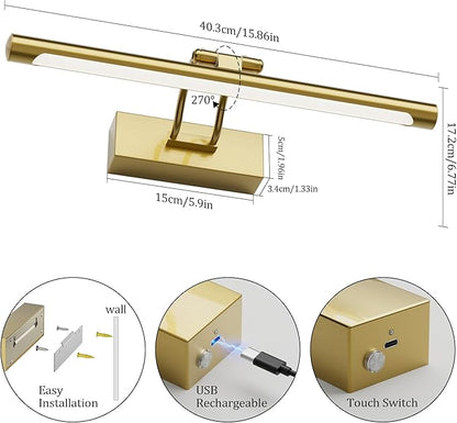 Cordless Picture Light with Remote, Battery Operated Wall Sconce for Artwork, 3 Colors Painting Light Dimmable and Timer, Wireless Art Light for Display (Gold)