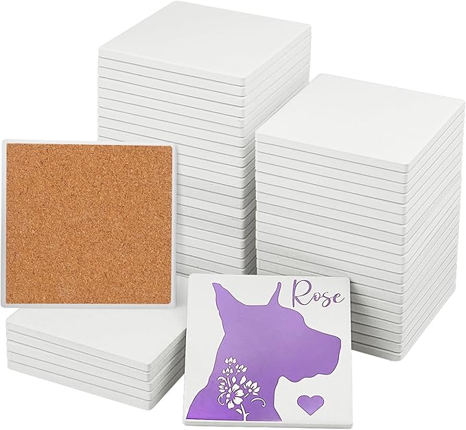 GNIEMCKIN 50 Pieces 3.54 Inch Square Blank Ceramic Coasters, Unglazed Ceramic Tiles Coasters with Cork Backing Pads for Painting, DIY Crafts, White.