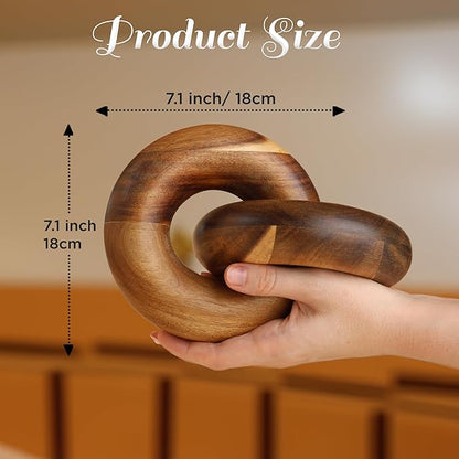 2 Link Wood Chain Link Decor Wood Knot Decor for Coffee Table, Living Room, Bookshelf - Hand Carved Farmhouse Decorative Fusion Knots - Boho Acacia Knot Sculpture for Scandirustic Home Accents