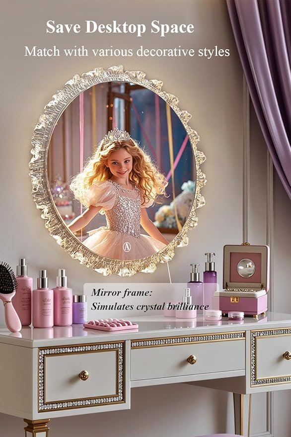 Crystal LED Vanity Mirror with Touch Control 3 Color Lights, Dimming 360° Rotation Elegant Luxury Wall Mounted HD Decorative Mirror(Wall Mounted Mirror-50cm)