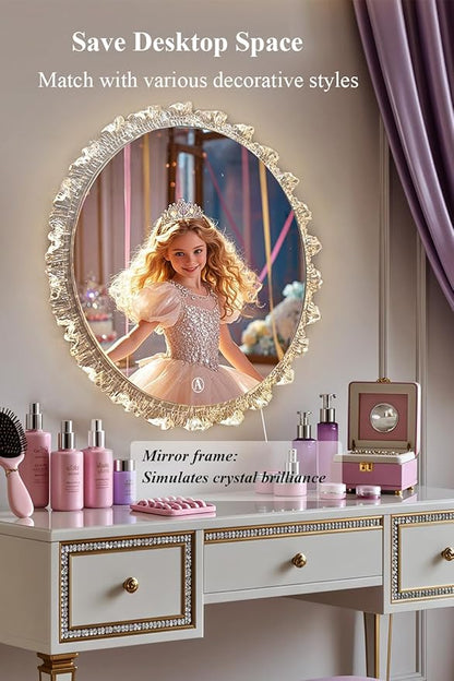 Crystal LED Vanity Mirror with Touch Control 3 Color Lights, Dimming 360° Rotation Elegant Luxury Wall Mounted HD Decorative Mirror(Wall Mounted Mirror-50cm)