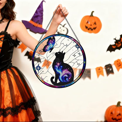 Black Cat Stained Glass Window Hanging, 9.8'' Black Cat & Butterfly with Nebula Design Suncatcher Indoor Outdoor Home Decor for Cats Lovers, Gift for Halloween