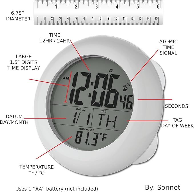 Sonnet Shower Clock for Bathroom and Kitchen - Large Digital Display Shows Time, Date, Day of The Week and Temperature. Large Suction Cups, Hanging Hole, and Kick Stand - Atomic Clock