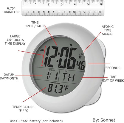 Sonnet Shower Clock for Bathroom and Kitchen - Large Digital Display Shows Time, Date, Day of The Week and Temperature. Large Suction Cups, Hanging Hole, and Kick Stand - Atomic Clock