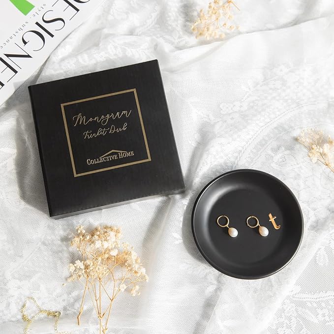 COLLECTIVE HOME - Ceramic Jewelry Tray, Decorative Trinket Dish for Rings Earrings Necklaces Bracelet Watch Keys, Birthday Mother's Day Christmas Gift for Women, 4.75", Black Surface (t)