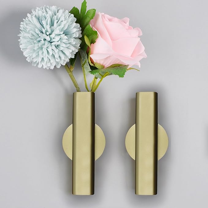 7" Wall-Mounted Flower Tube, Top/Bottom Open Vase, Wall Metal Flower Tube Decoration Holder for Flower Display, Home Office Living Room Bedroom Decoration with Adhesive Material, 2pcs(Gold)