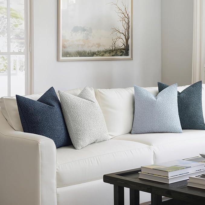 MIULEE Pack of 4 Decorative Textured Boucle Christmas Throw Pillow Covers 18x18 Inch Neutral Blue Accent Solid Pillow Cases Couch Cushion Covers for Modern Farmhouse Boho Bed Livingroom Home Decor